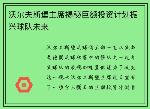 沃尔夫斯堡主席揭秘巨额投资计划振兴球队未来