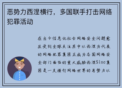 恶势力西涅横行，多国联手打击网络犯罪活动